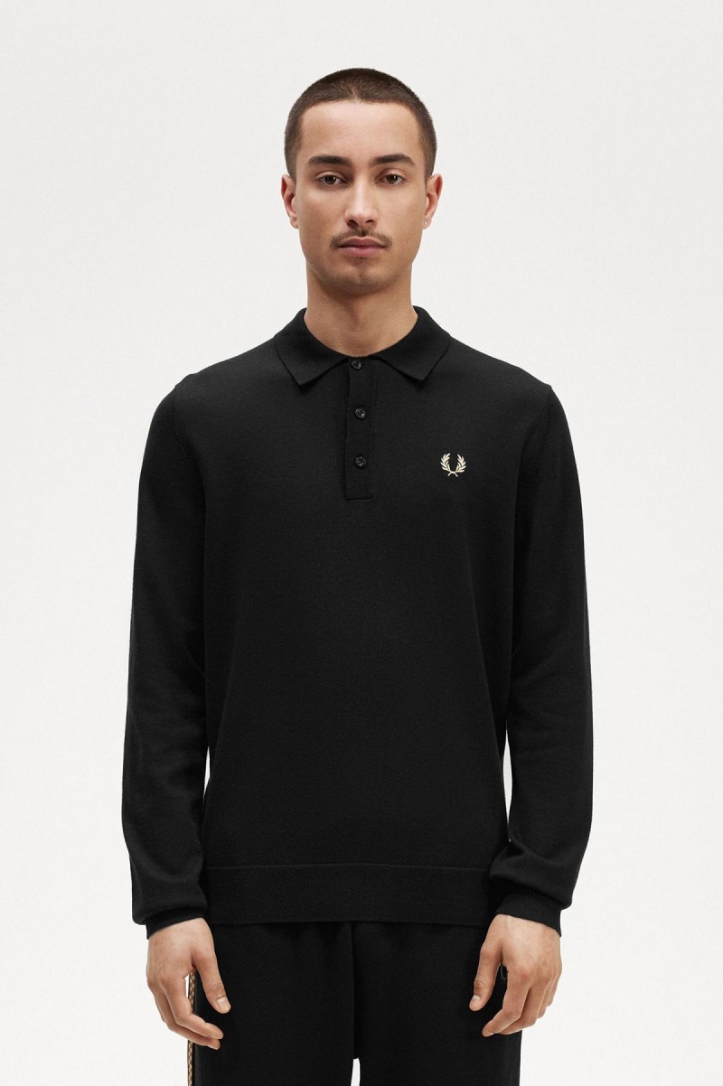 Black Fred Perry Long Sleeve Knitted Shirt Men\'s Knitwear | MCAFT75749