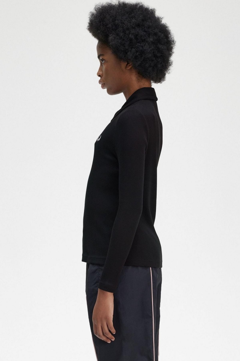 Black Fred Perry Long Sleeve Ribbed Women's Polo Shirts | CAICD33244