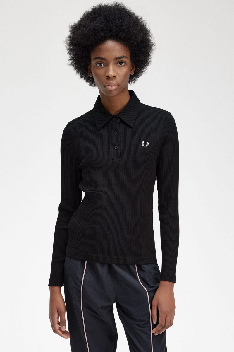 Black Fred Perry Long Sleeve Ribbed Women's Polo Shirts | CAICD33244