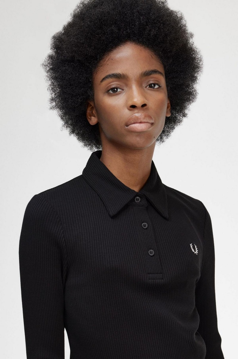 Black Fred Perry Long Sleeve Ribbed Women's Polo Shirts | CAICD33244