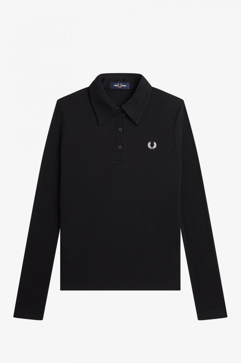 Black Fred Perry Long Sleeve Ribbed Women's Polo Shirts | CAICD33244