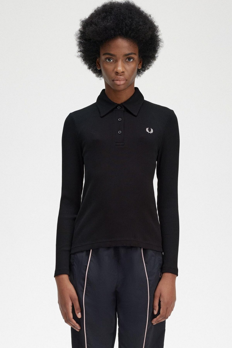 Black Fred Perry Long Sleeve Ribbed Women\'s Polo Shirts | CAICD33244