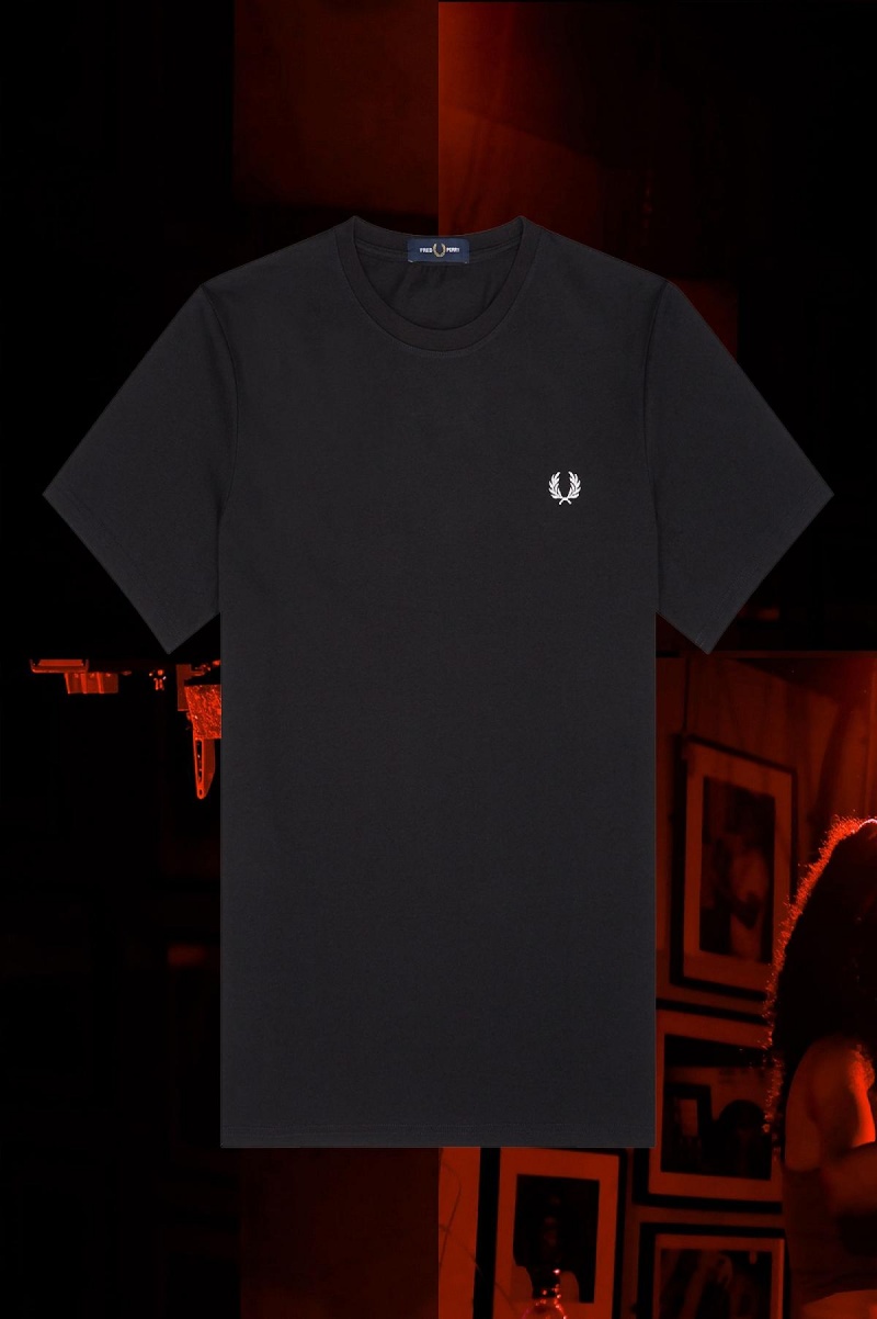 Black Fred Perry Munich Ringer Men's T Shirts | CAXBR68085