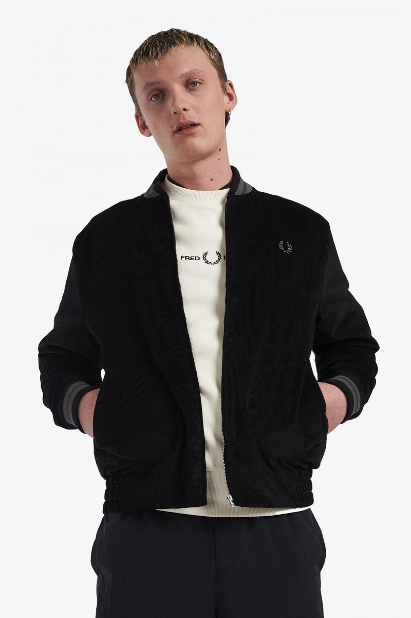 Black Fred Perry Needlecord Tennis Bomber Men\'s Coats | GCAUC85659