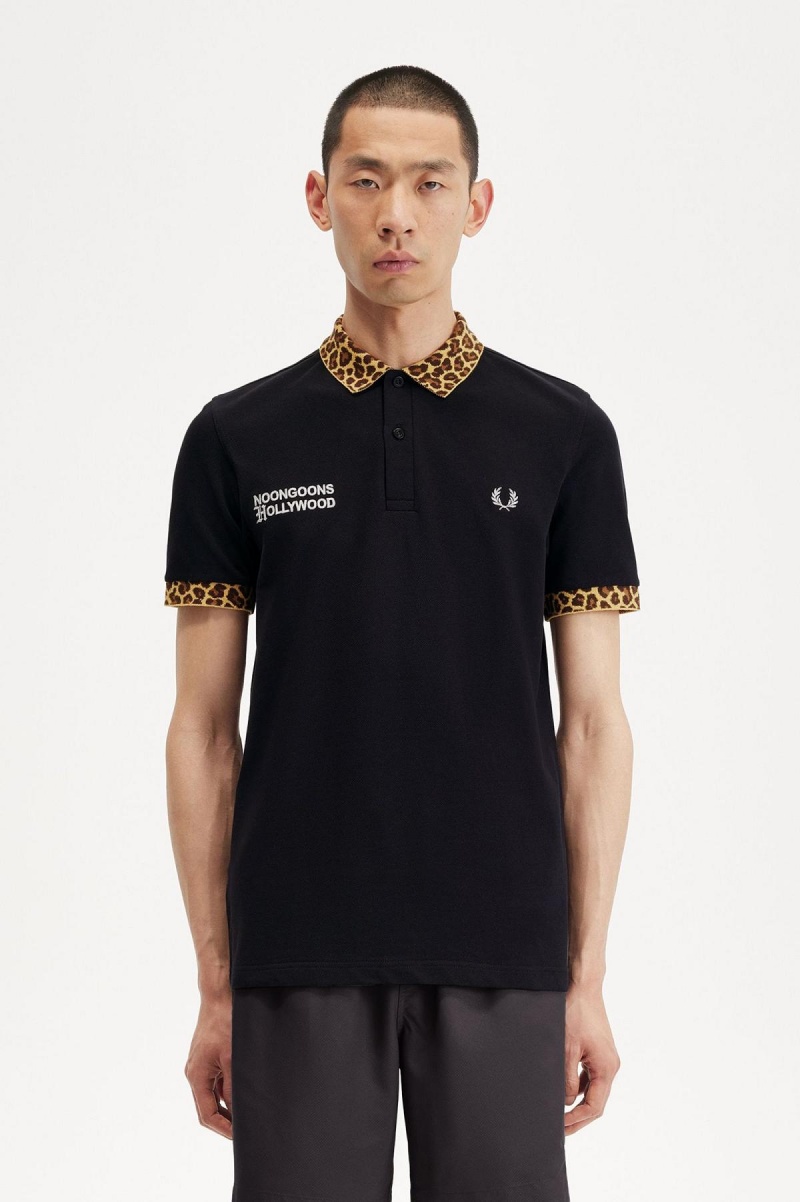 Black Fred Perry Noongoons Leopard Print Polo Shirt Men's Polo Shirts | YCAVQ62081