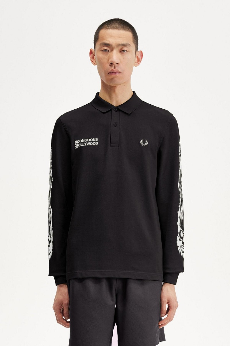 Black Fred Perry Noongoons Long Sleeve Graphic Polo Shirt Men's Polo Shirts | ECAHC95547