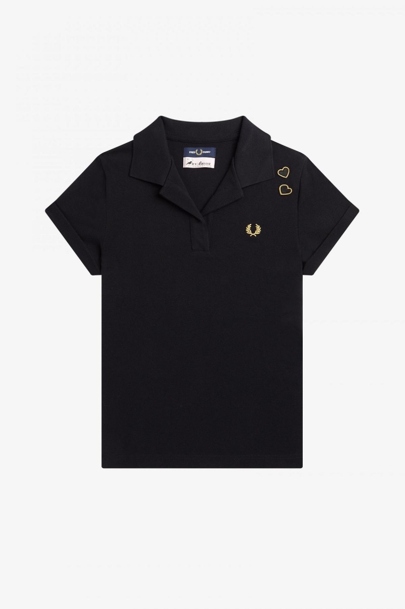 Black Fred Perry Open-Collar Piqué Women's Polo Shirts | CAJBT49636