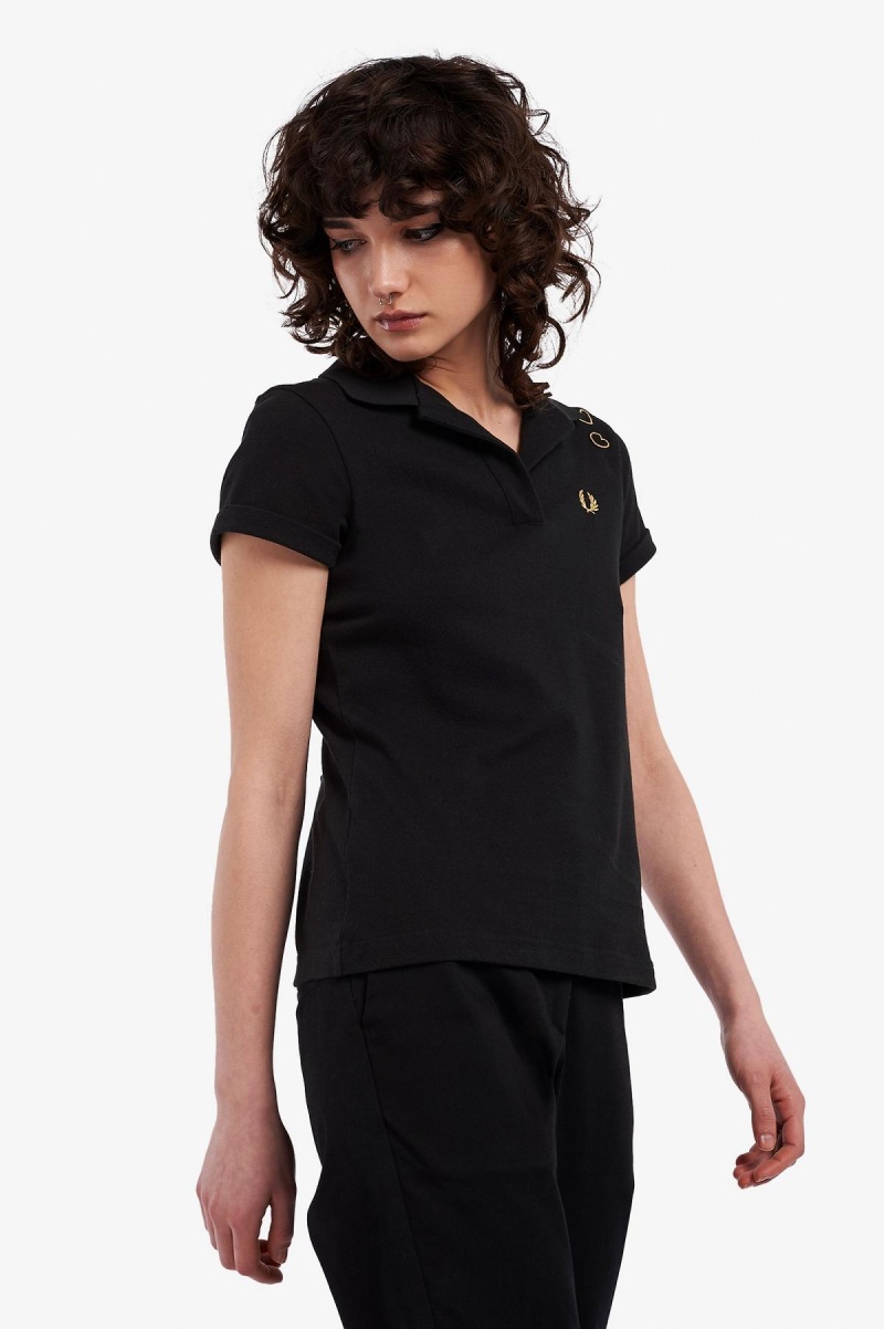 Black Fred Perry Open-Collar Piqué Women's Polo Shirts | CAJBT49636