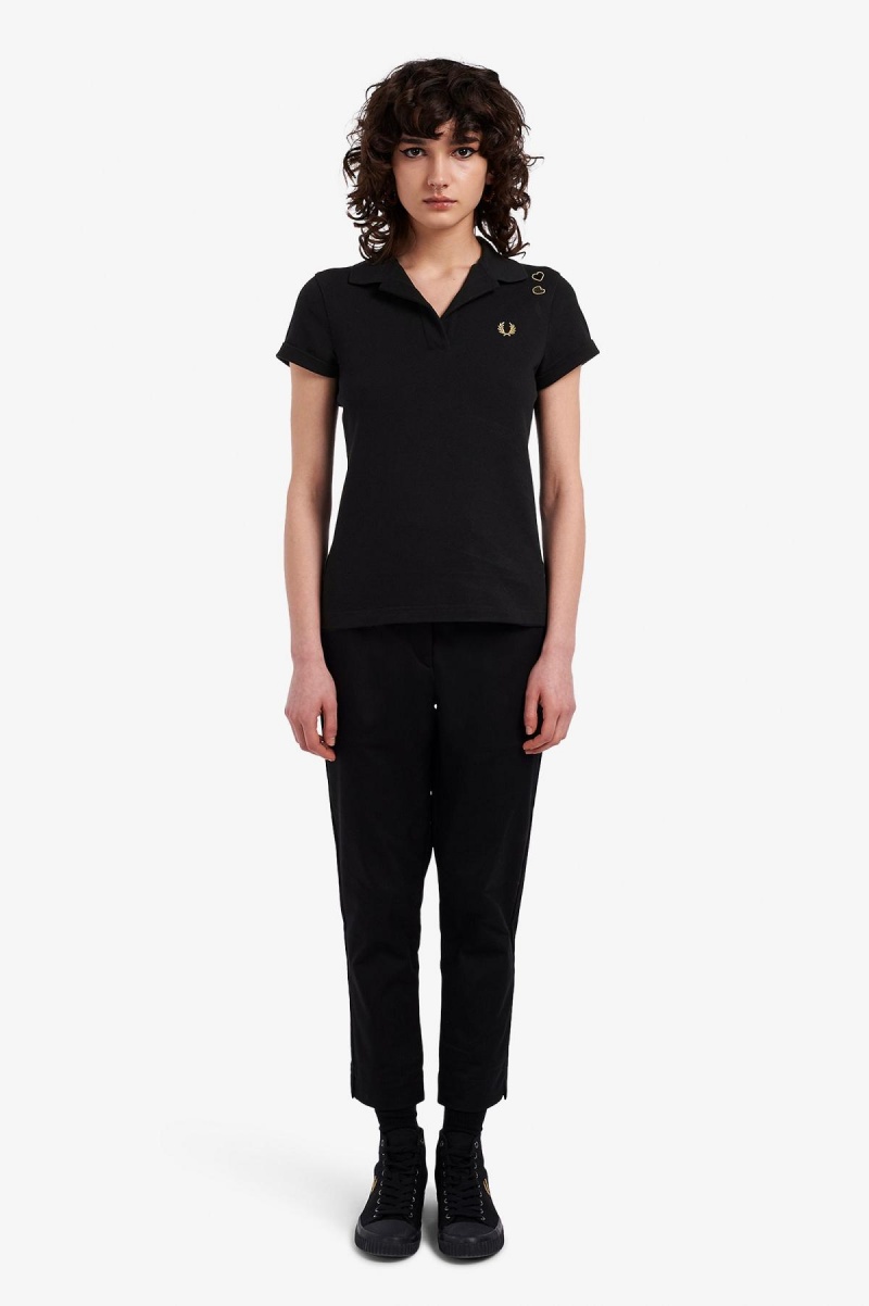 Black Fred Perry Open-Collar Piqué Women's Polo Shirts | CAJBT49636