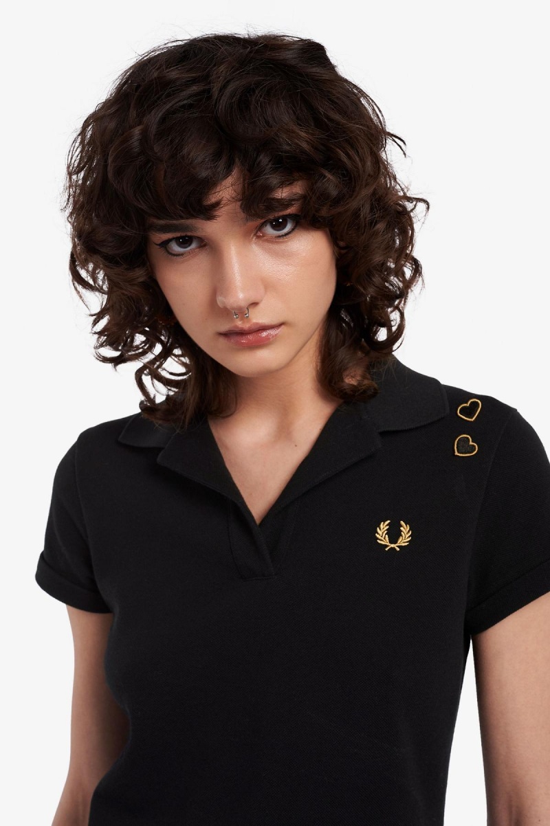 Black Fred Perry Open-Collar Piqué Women\'s Polo Shirts | CAJBT49636