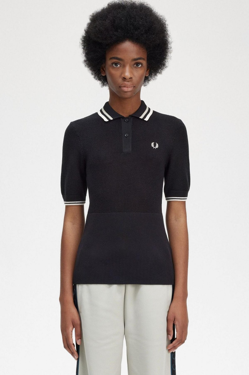 Black Fred Perry Open-Knitted Shirt Women\'s Knitwear | MCAHR28549