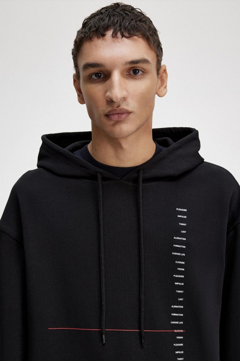 Black Fred Perry Printed Hooded Men's Sweatshirts | CACIF44237