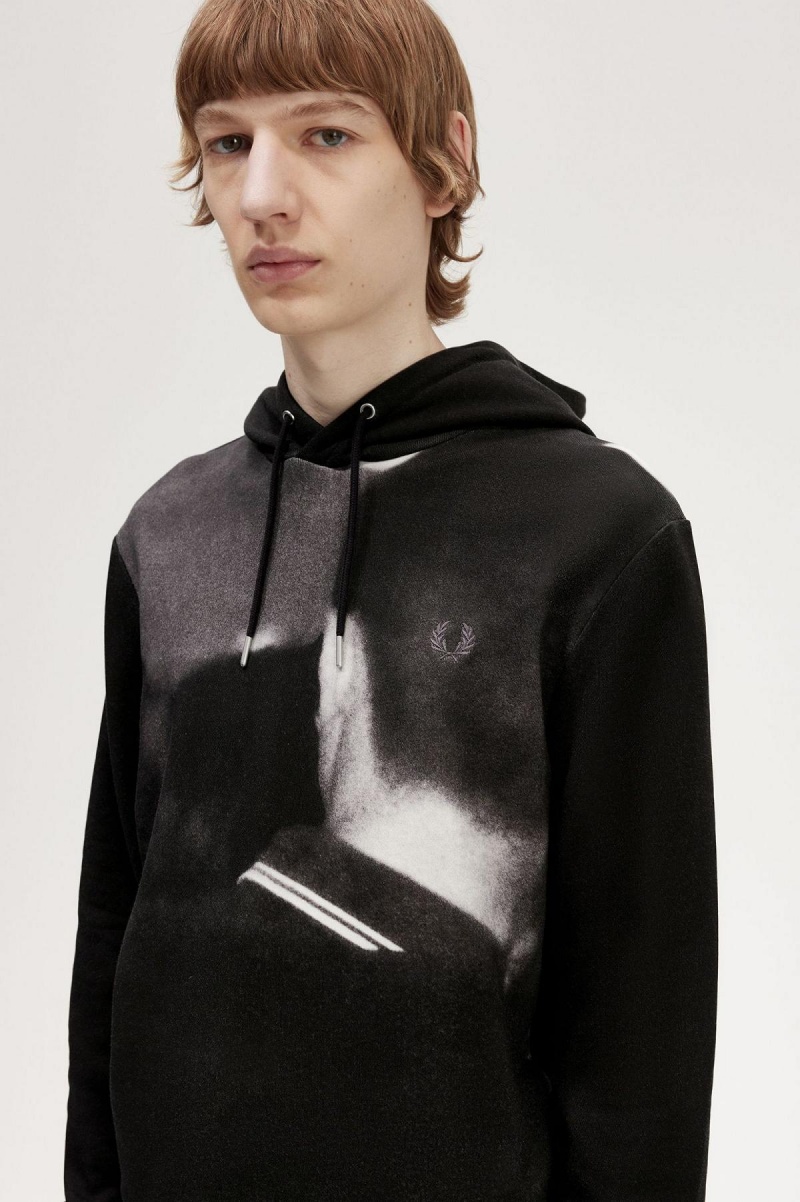 Black Fred Perry Rave Graphic Hooded Men's Sweatshirts | GCAEC40447