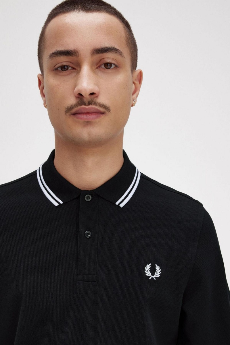 Black Fred Perry Rave Graphic Long Sleeve Fred Perry Shirt Men's Polo Shirts | SCAVO33701