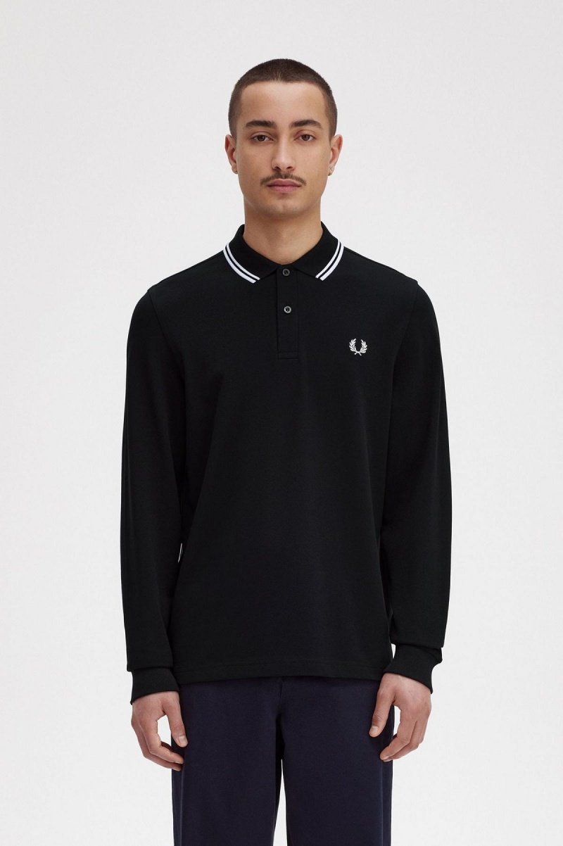 Black Fred Perry Rave Graphic Long Sleeve Fred Perry Shirt Men\'s Polo Shirts | SCAVO33701