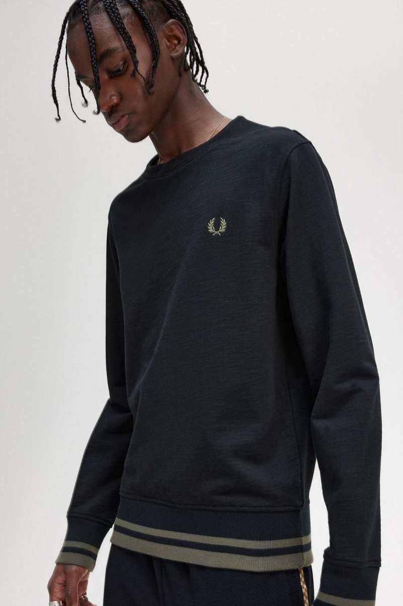 Black Fred Perry Rib Detail Men's Sweatshirts | BCASO24219