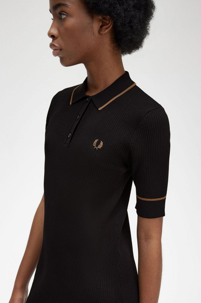 Black Fred Perry Ribbed Knitted Shirt Women's Dress | GCAUC25234