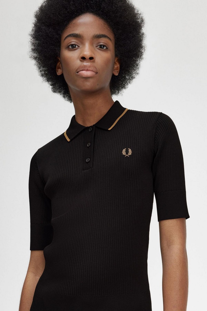 Black Fred Perry Ribbed Knitted Shirt Women's Knitwear | CAJZR34487