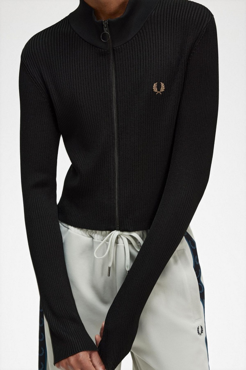 Black Fred Perry Ribbed Zip Through Jumper Women's Knitwear | CAICD36148