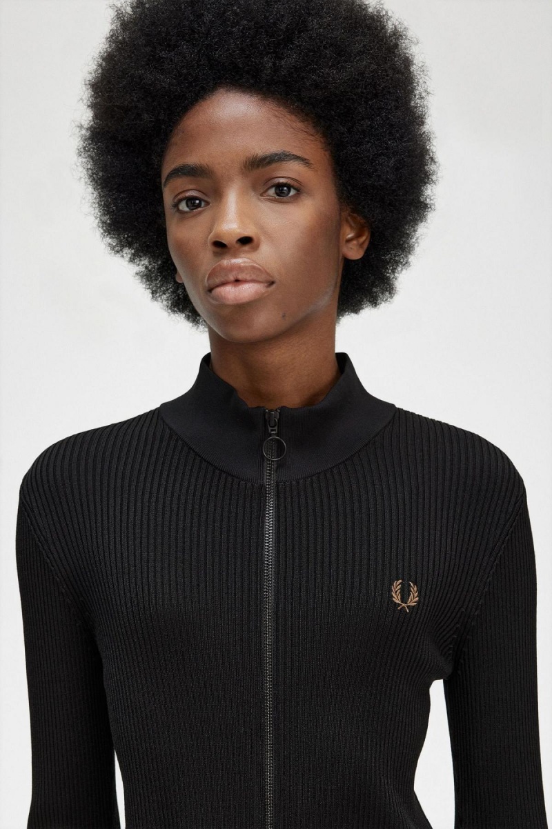 Black Fred Perry Ribbed Zip Through Jumper Women's Knitwear | CAICD36148