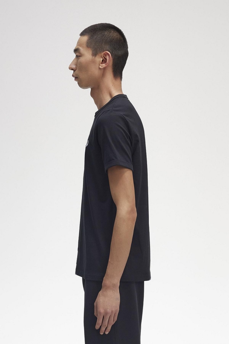 Black Fred Perry Ringer Men's T Shirts | CANEJ82862