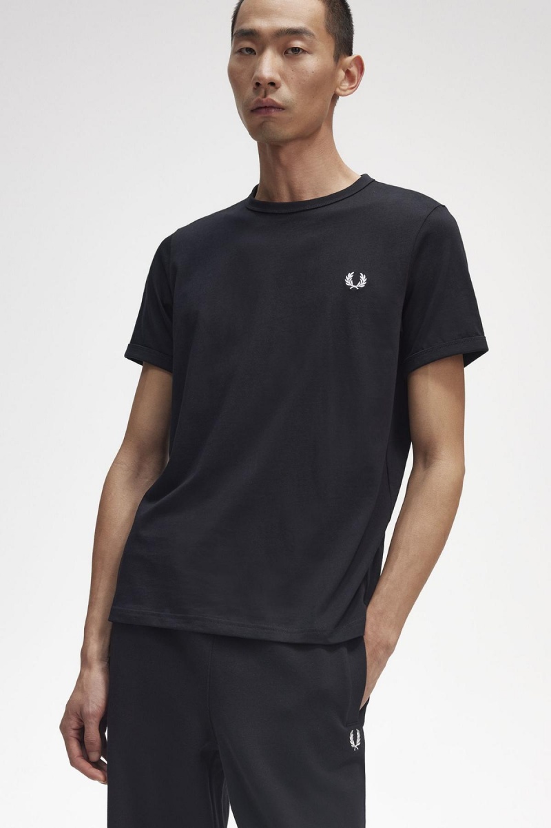 Black Fred Perry Ringer Men's T Shirts | CANEJ82862