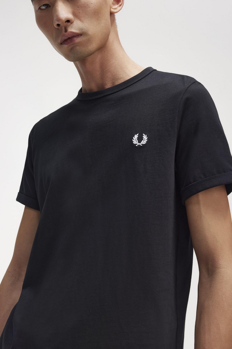 Black Fred Perry Ringer Men's T Shirts | CANEJ82862