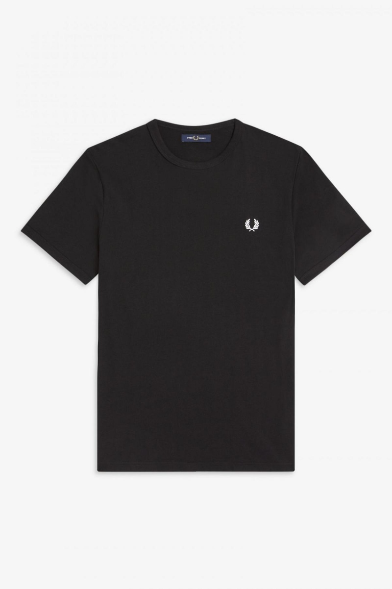 Black Fred Perry Ringer Men's T Shirts | CANEJ82862