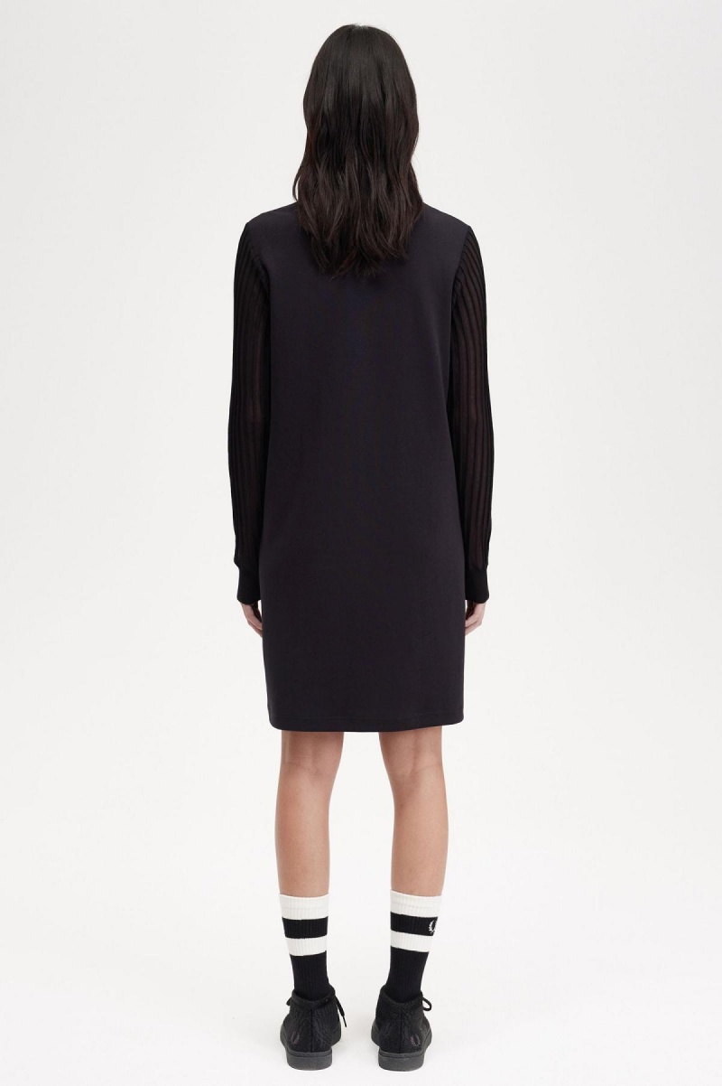 Black Fred Perry Sheer Sleeve Mock Neck Women's Dress | ZCAMJ34267