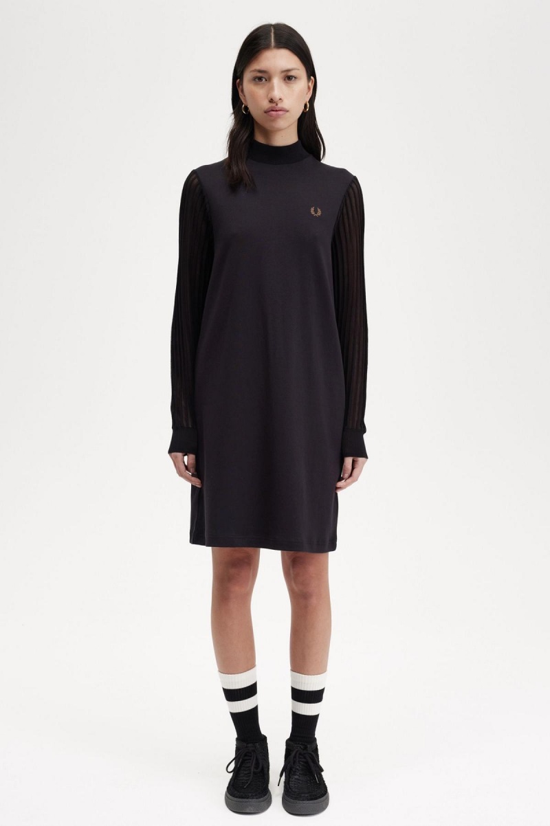 Black Fred Perry Sheer Sleeve Mock Neck Women's Dress | ZCAMJ34267