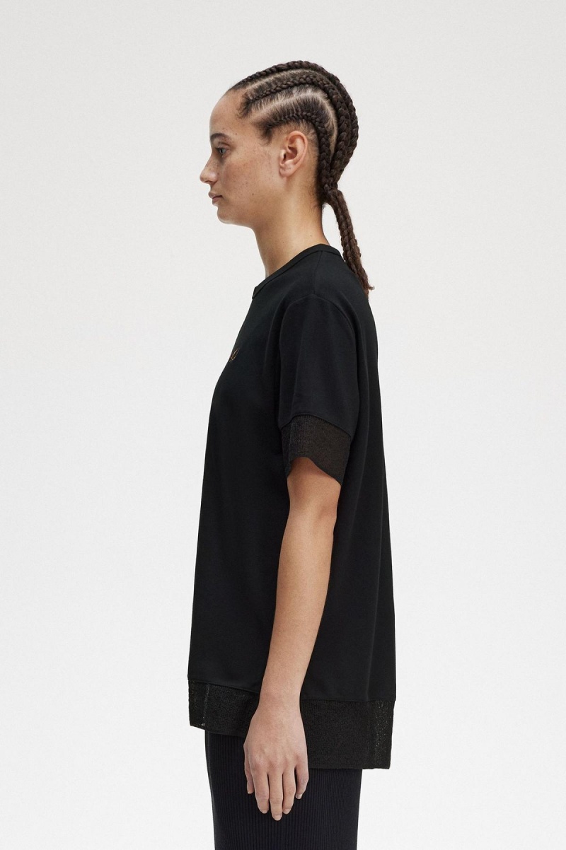 Black Fred Perry Sheer Trim Piqué Women's T Shirts | DCAKV88500