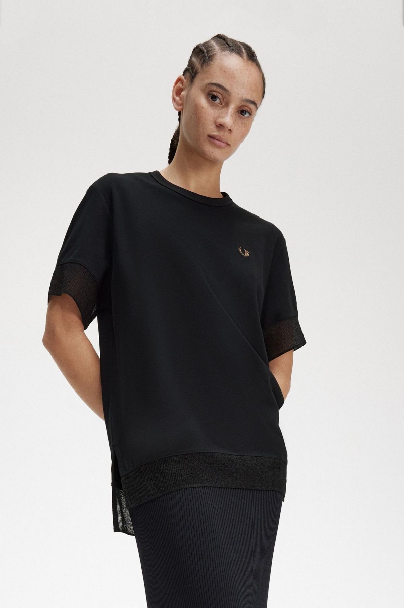 Black Fred Perry Sheer Trim Piqué Women's T Shirts | DCAKV88500