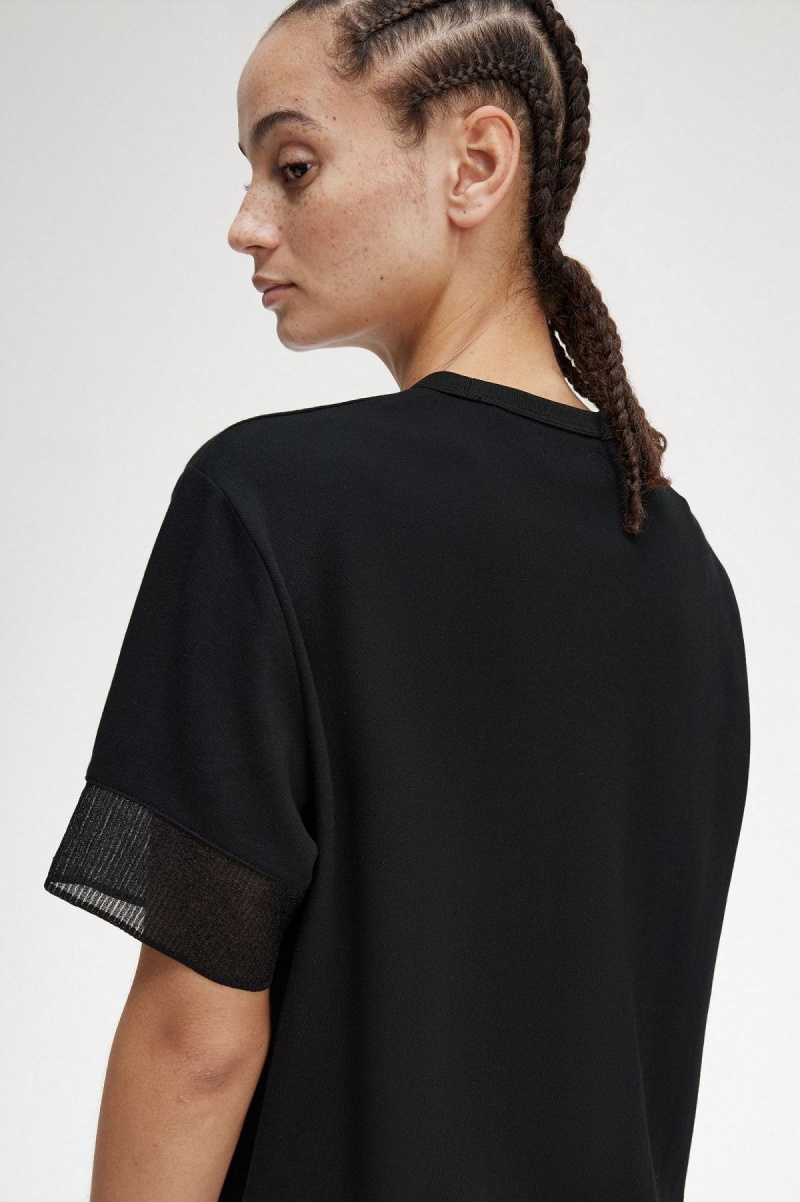 Black Fred Perry Sheer Trim Piqué Women's T Shirts | DCAKV88500