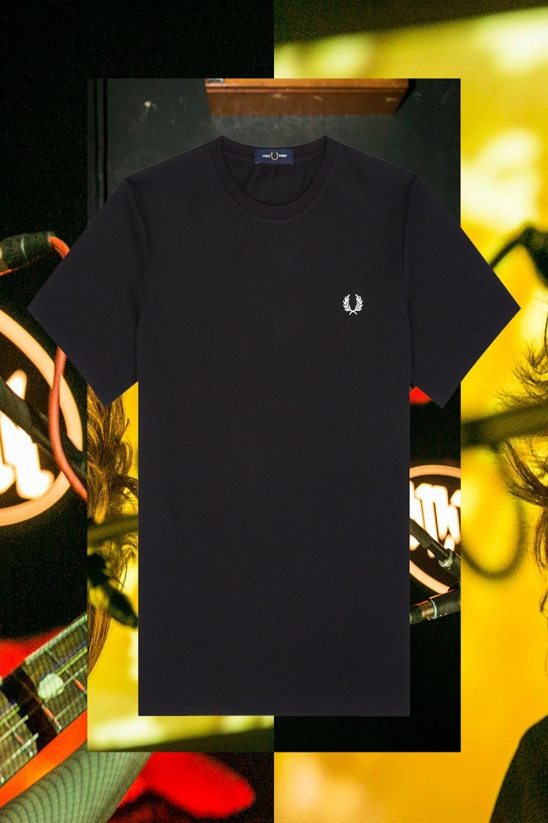 Black Fred Perry Stockholm Ringer Men's T Shirts | DCAKV28125