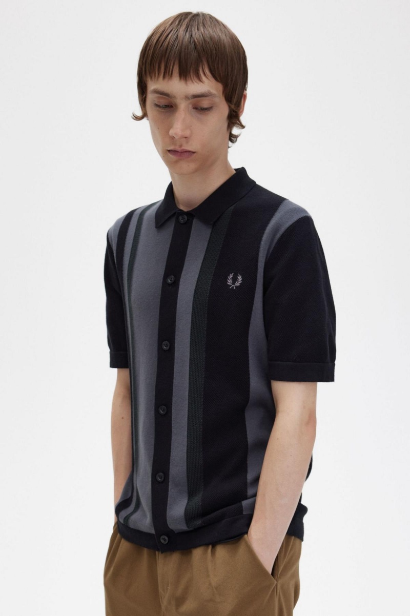 Black Fred Perry Striped Knitted Shirt Men's Knitwear | CAJKU55890