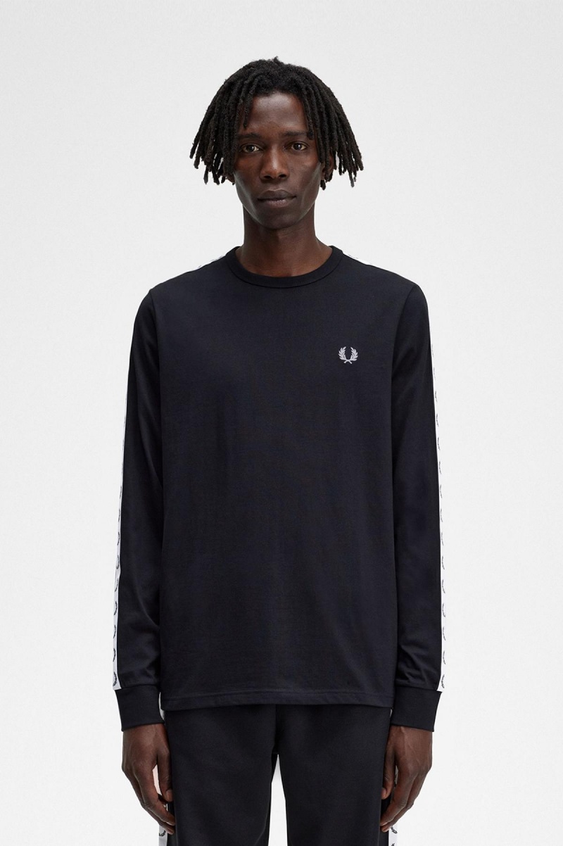 Black Fred Perry Taped Long Sleeve Men's T Shirts | CAJZR63558