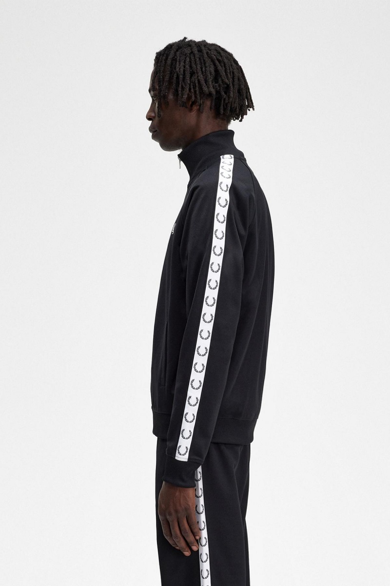 Black Fred Perry Taped Men's Track Jackets | CANZX74179