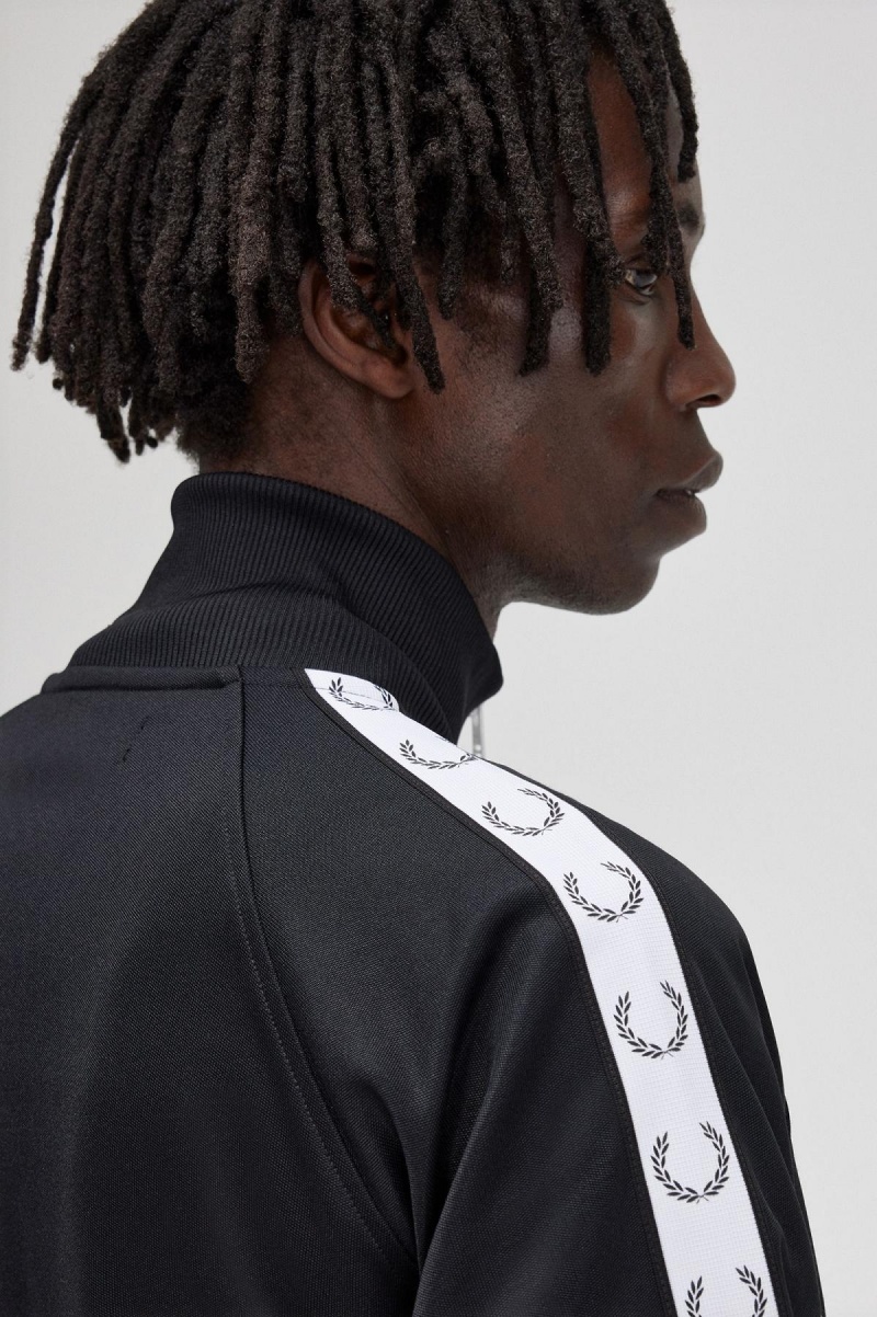 Black Fred Perry Taped Men's Track Jackets | CANZX74179