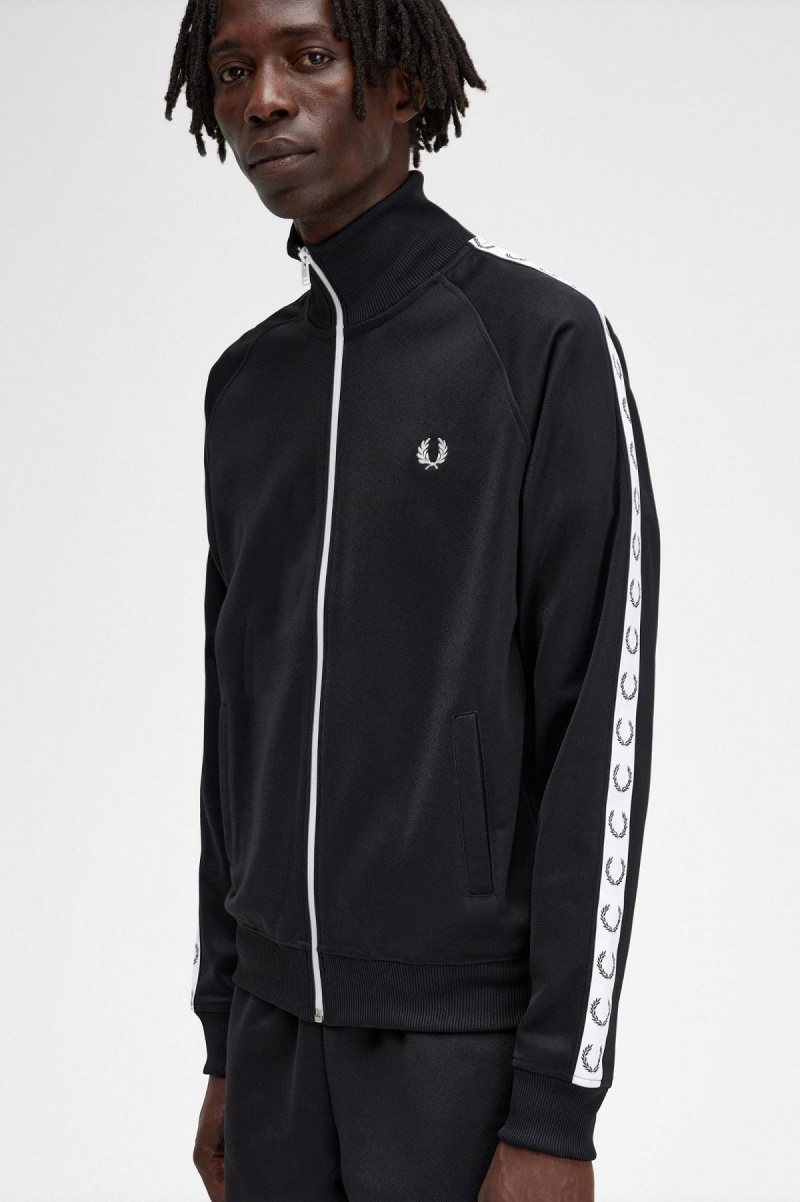 Black Fred Perry Taped Men's Track Jackets | CANZX74179