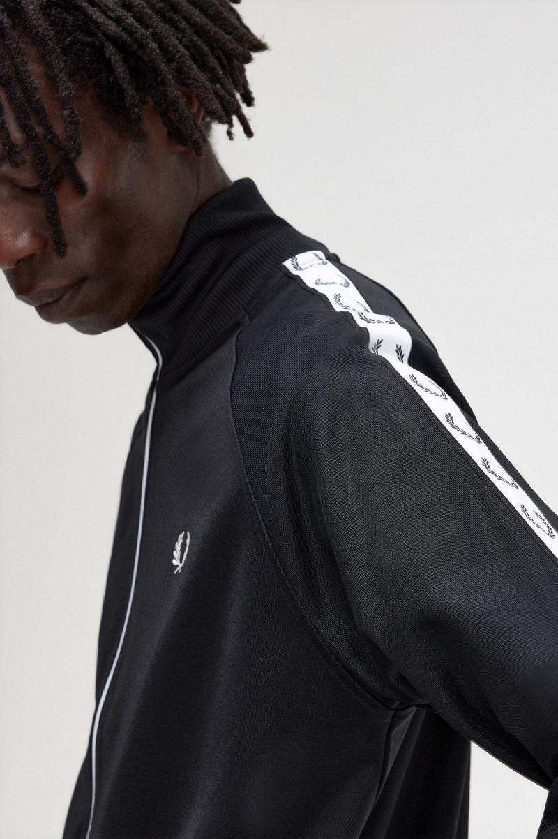 Black Fred Perry Taped Men's Track Jackets | CANZX74179