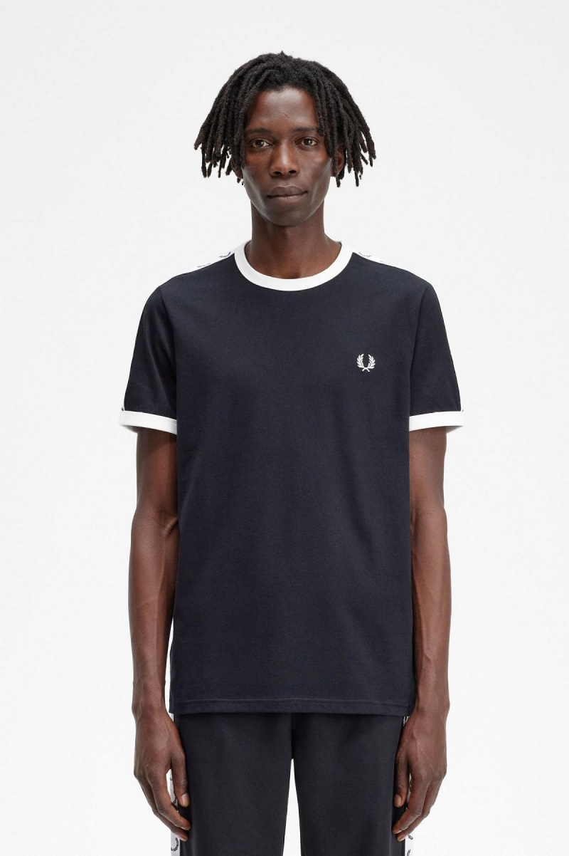 Black Fred Perry Taped Ringer Men's T Shirts | UCAND20998