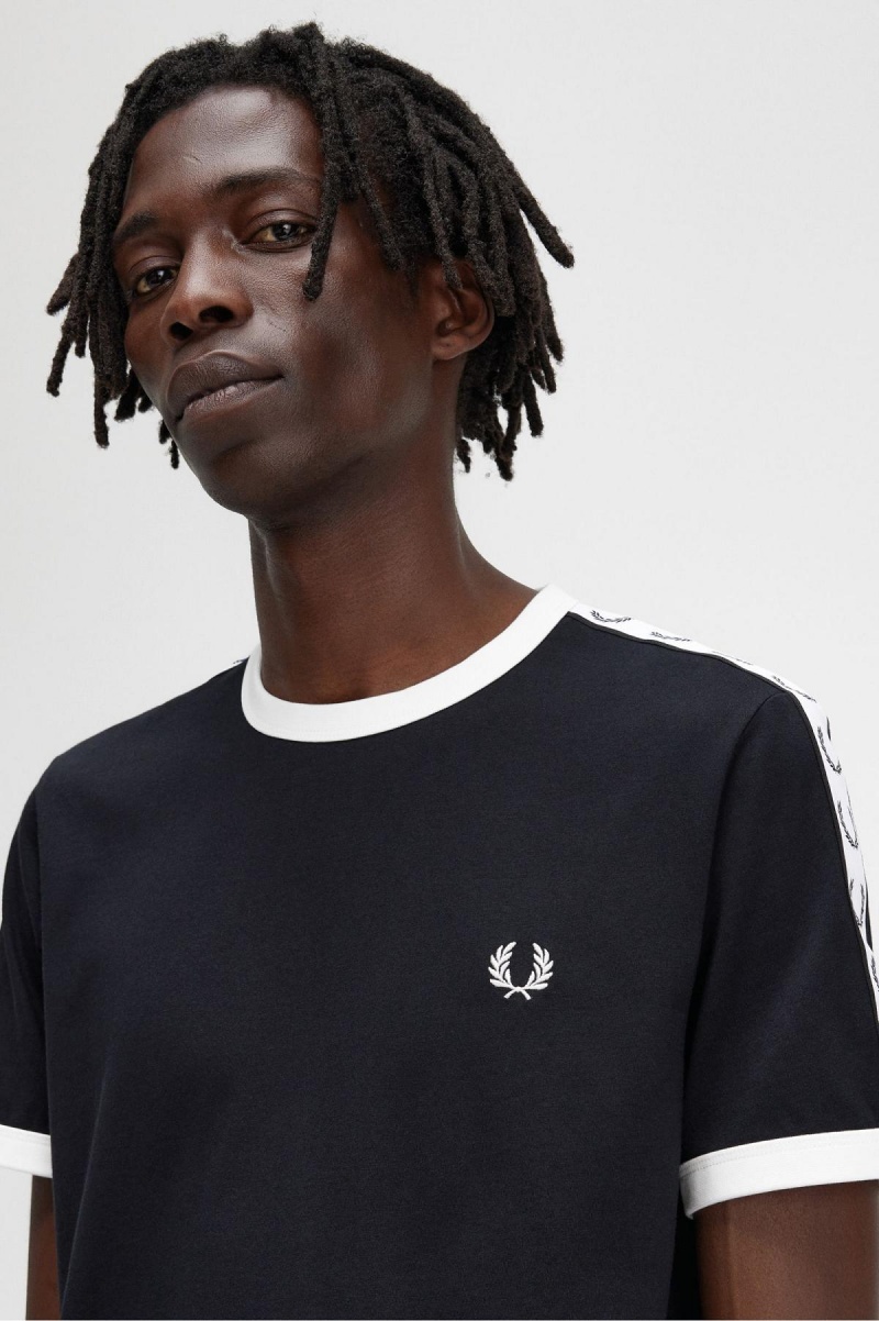 Black Fred Perry Taped Ringer Men's T Shirts | UCAND20998