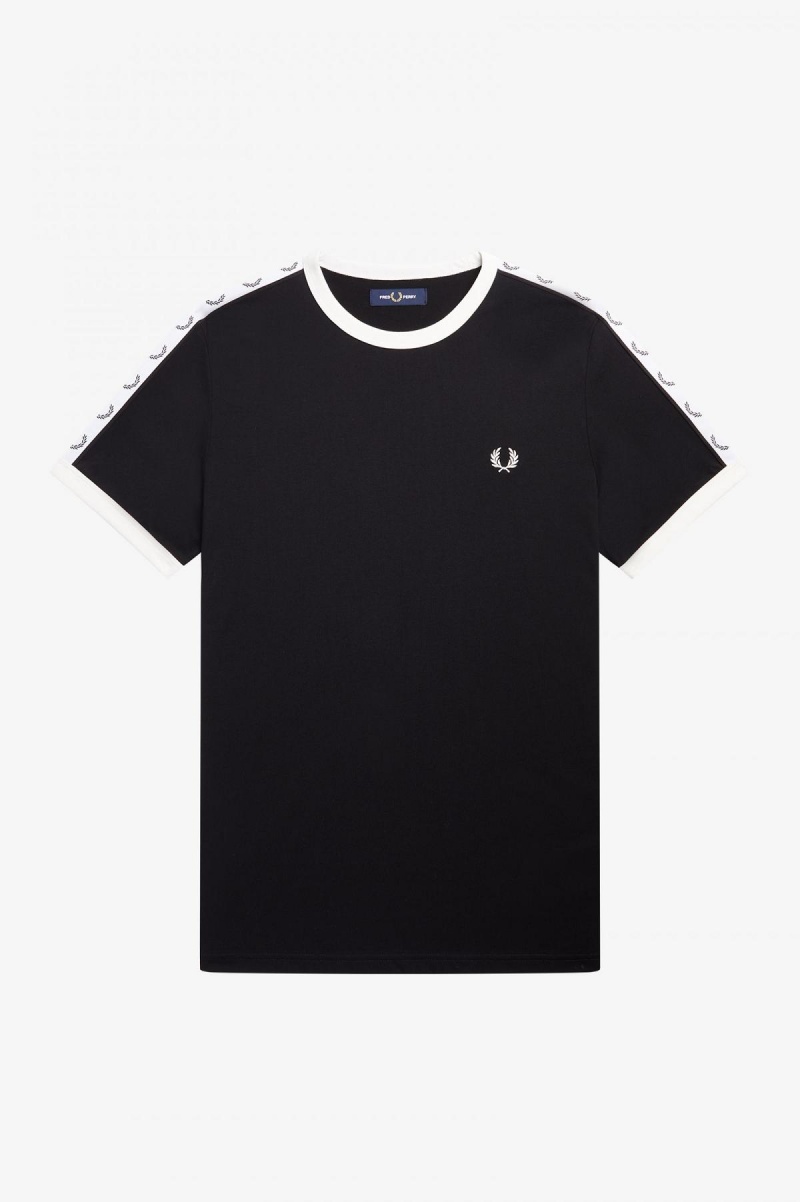 Black Fred Perry Taped Ringer Men's T Shirts | UCAND20998