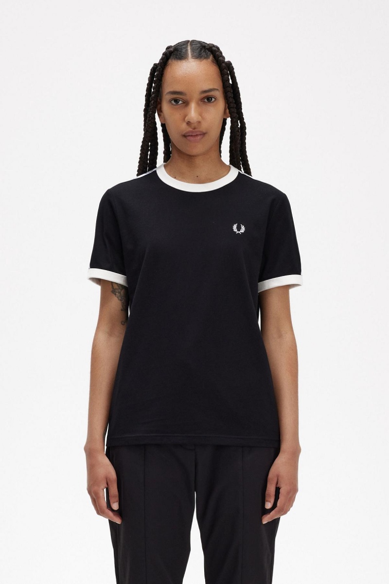 Black Fred Perry Taped Ringer Women's T Shirts | ZCANQ95283