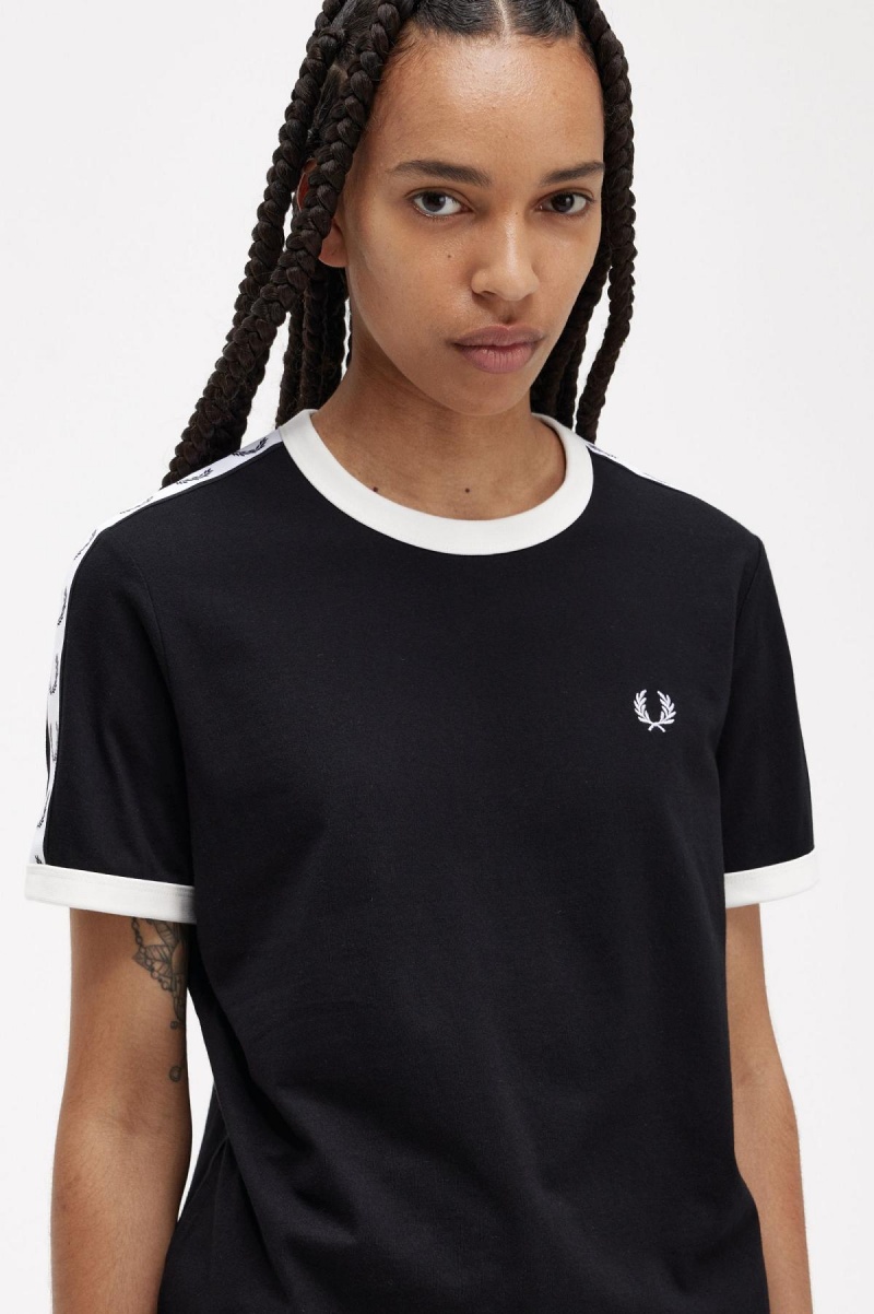 Black Fred Perry Taped Ringer Women's T Shirts | ZCANQ95283