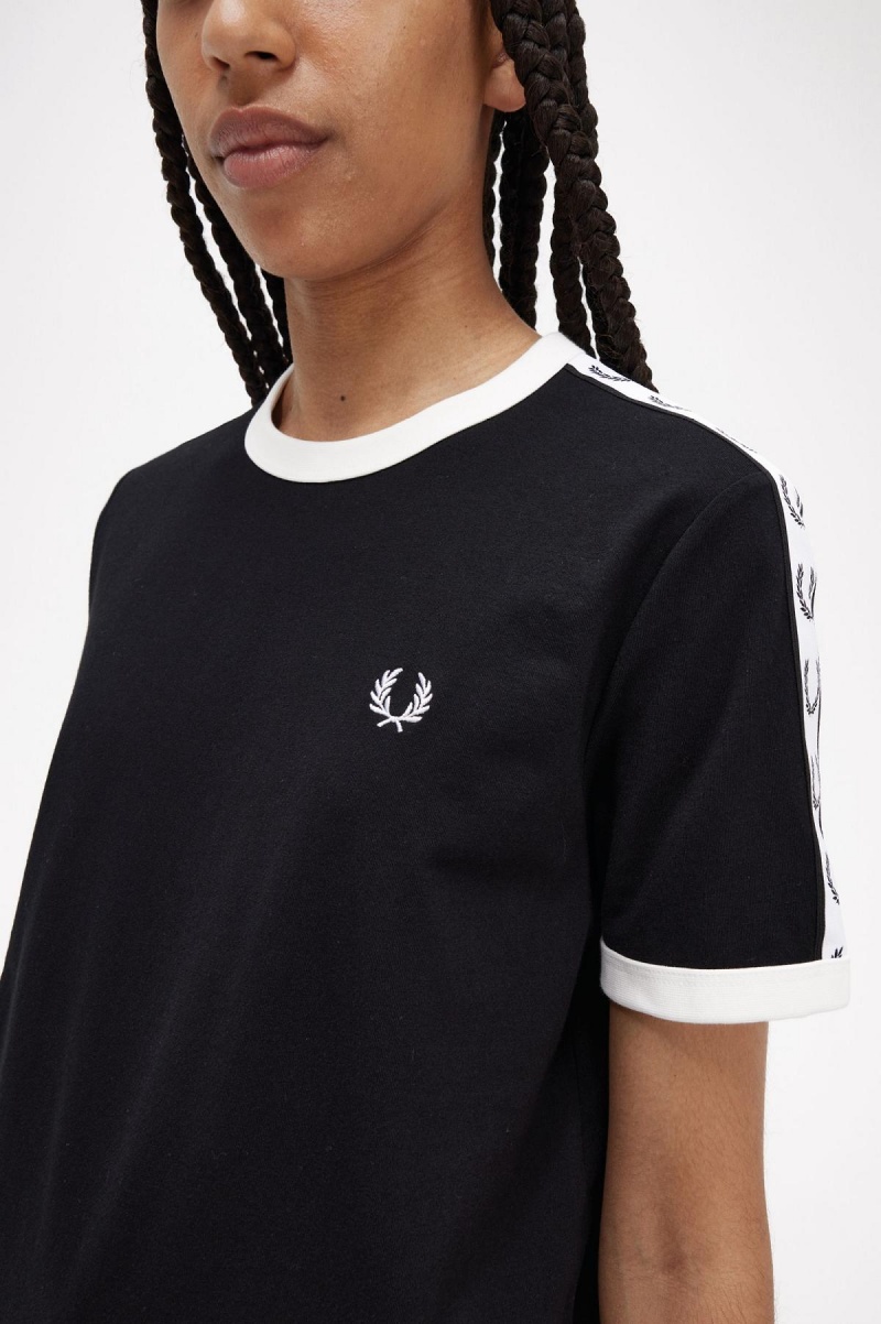 Black Fred Perry Taped Ringer Women's T Shirts | ZCANQ95283