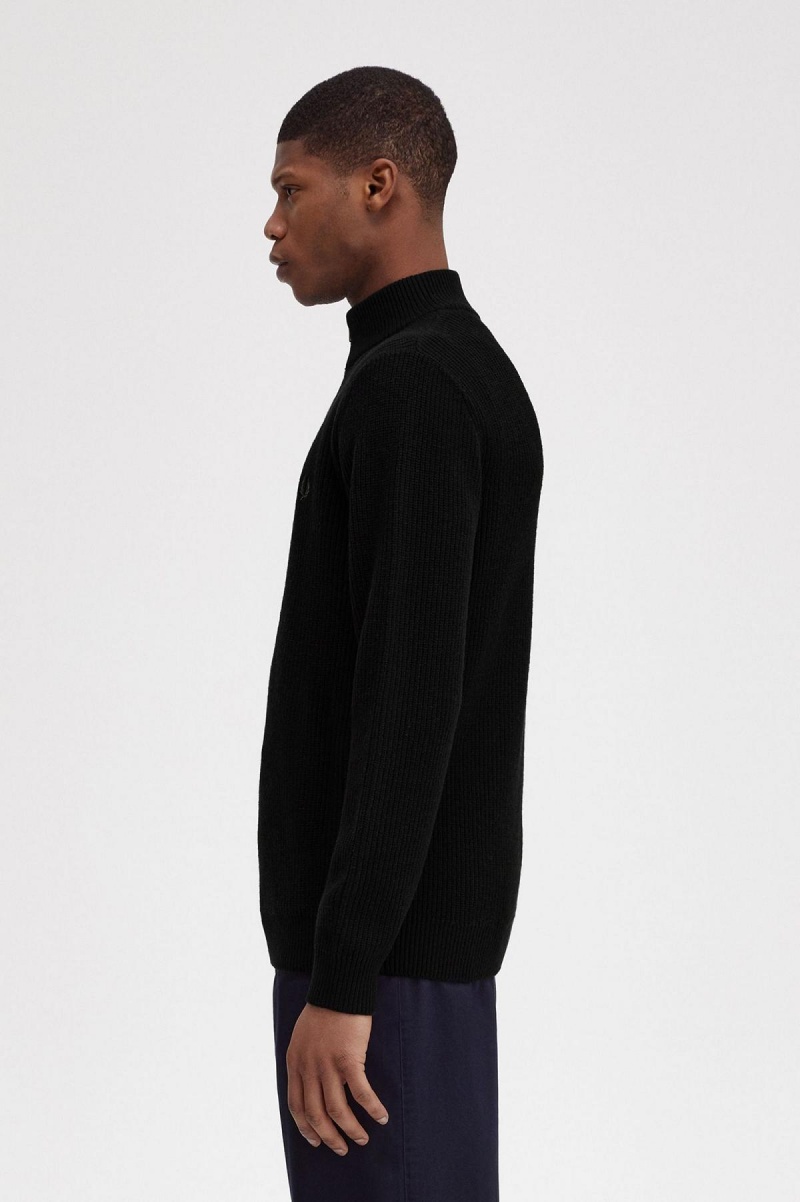 Black Fred Perry Textured Half Zip Jumper Men's Knitwear | LCASX69753