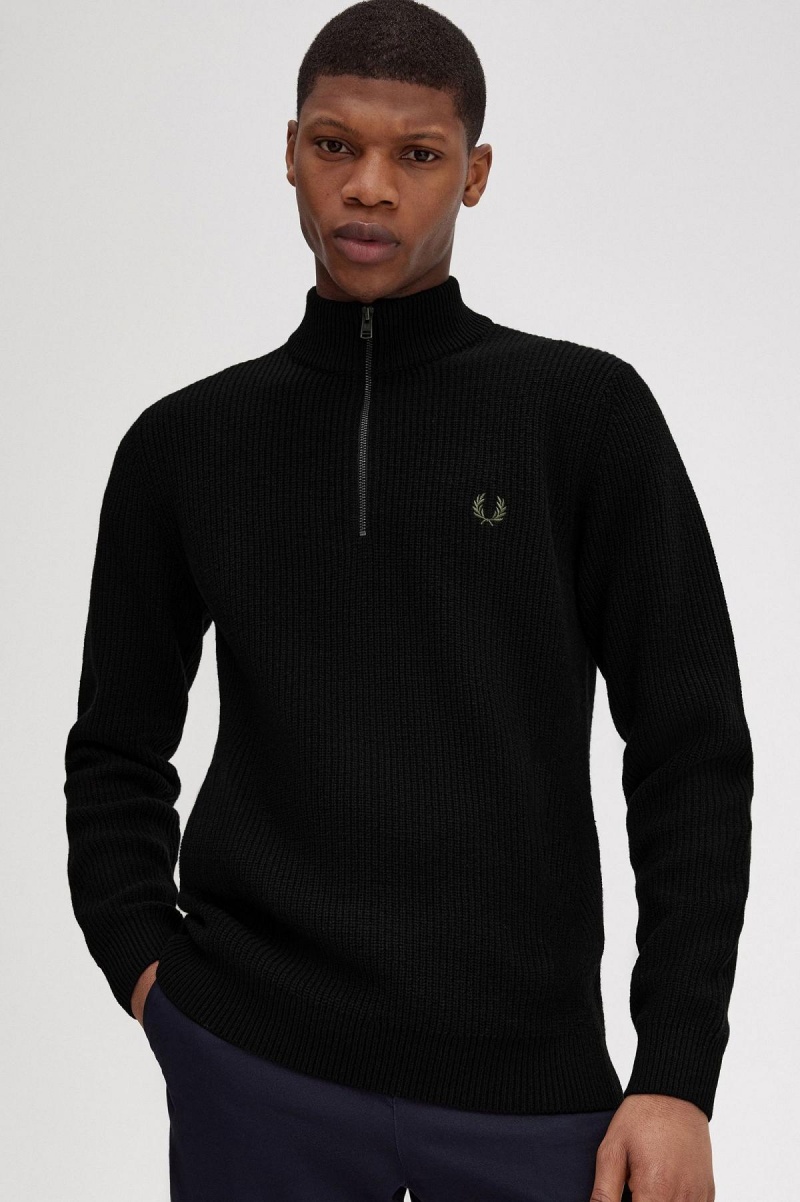 Black Fred Perry Textured Half Zip Jumper Men's Knitwear | LCASX69753