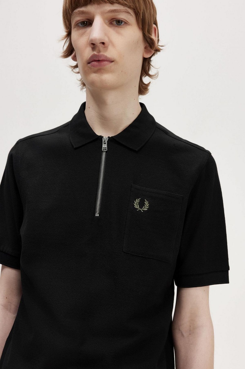 Black Fred Perry Textured Zip Neck Polo Shirt Men's Polo Shirts | DCAVO94902