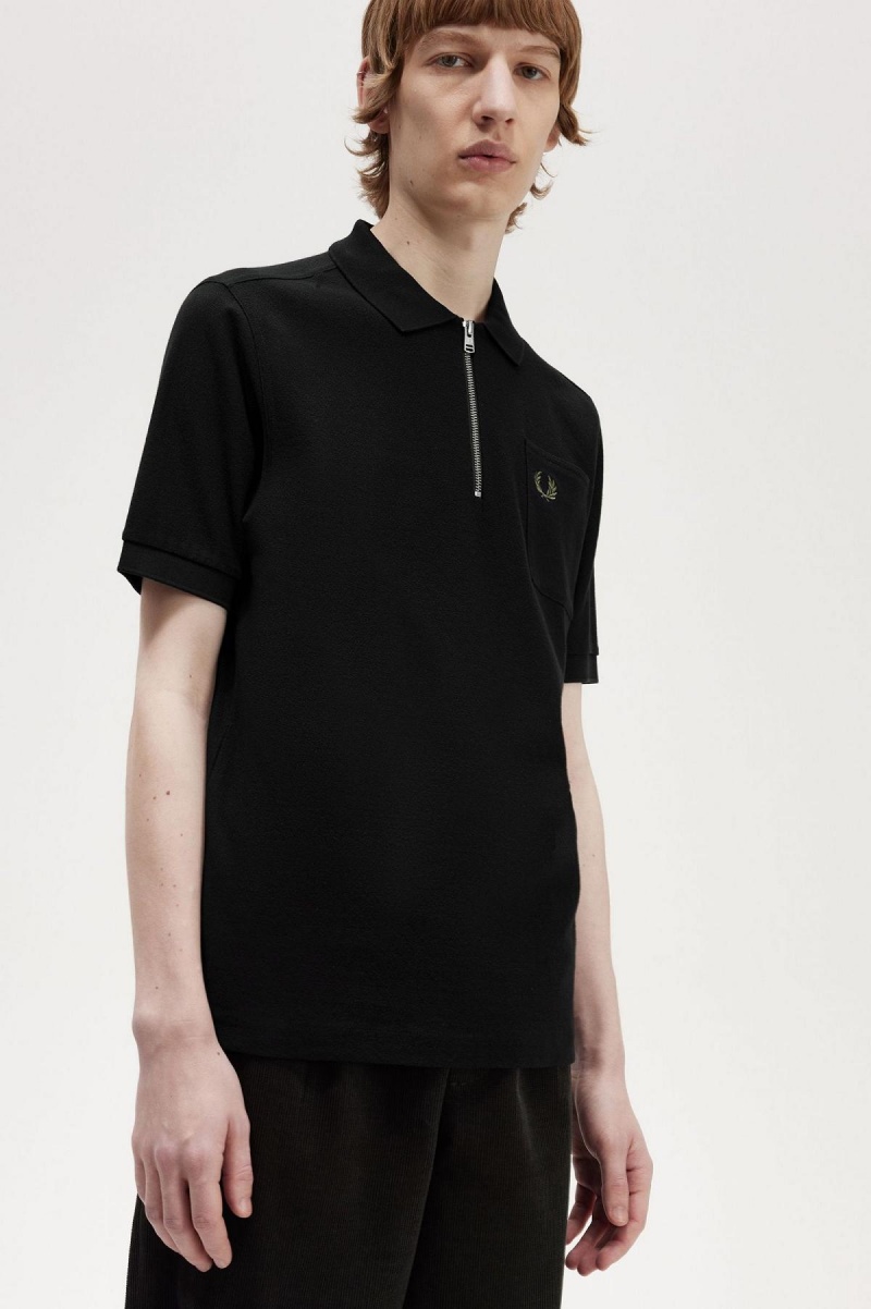 Black Fred Perry Textured Zip Neck Polo Shirt Men's Polo Shirts | DCAVO94902